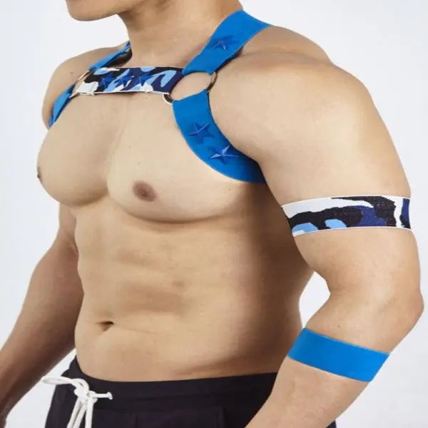 Star Decorated Chest Harness with Armbands - Blue Go Kink