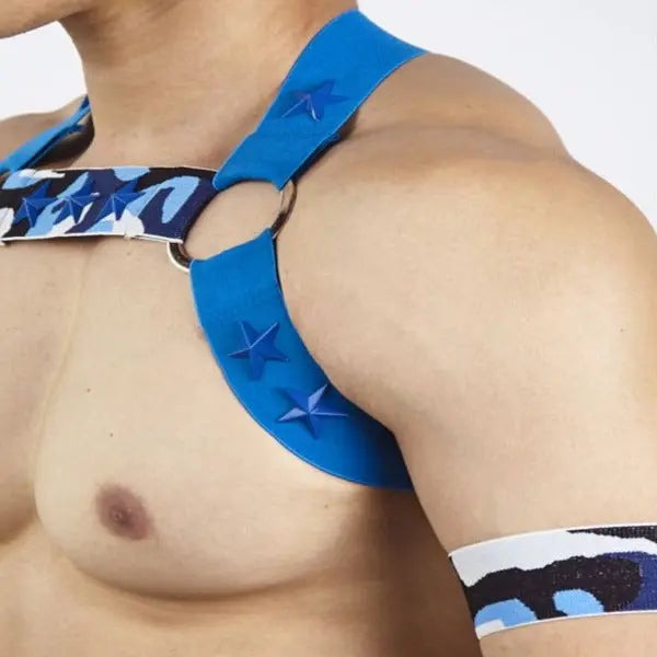 Star Decorated Chest Harness with Armbands - Blue Go Kink