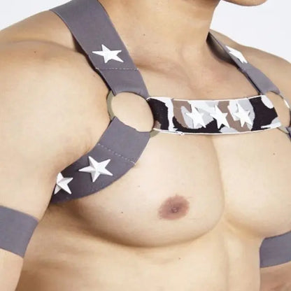 Star Decorated Chest Harness with Armbands - Grey Go Kink