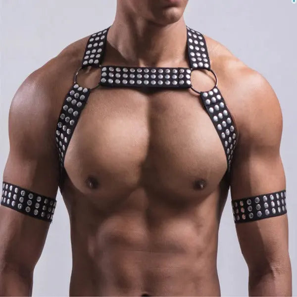 Studded Chest Harness with Armbands Go Kink