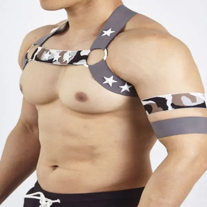 Star Decorated Chest Harness with Armbands - Grey Go Kink