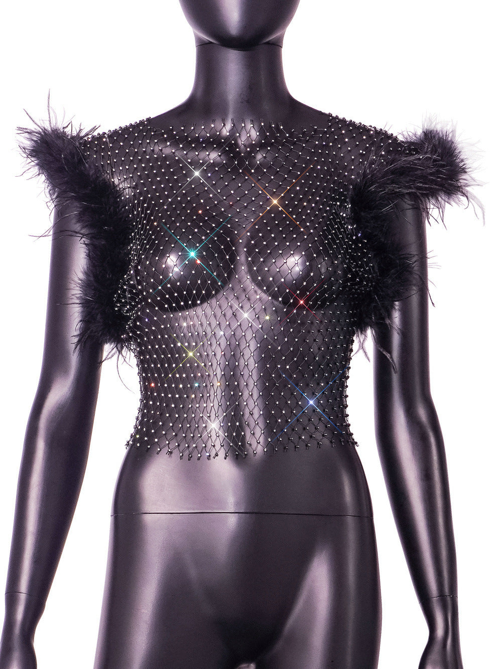 Ostrich Fur & Rhinestone Fishnet Top