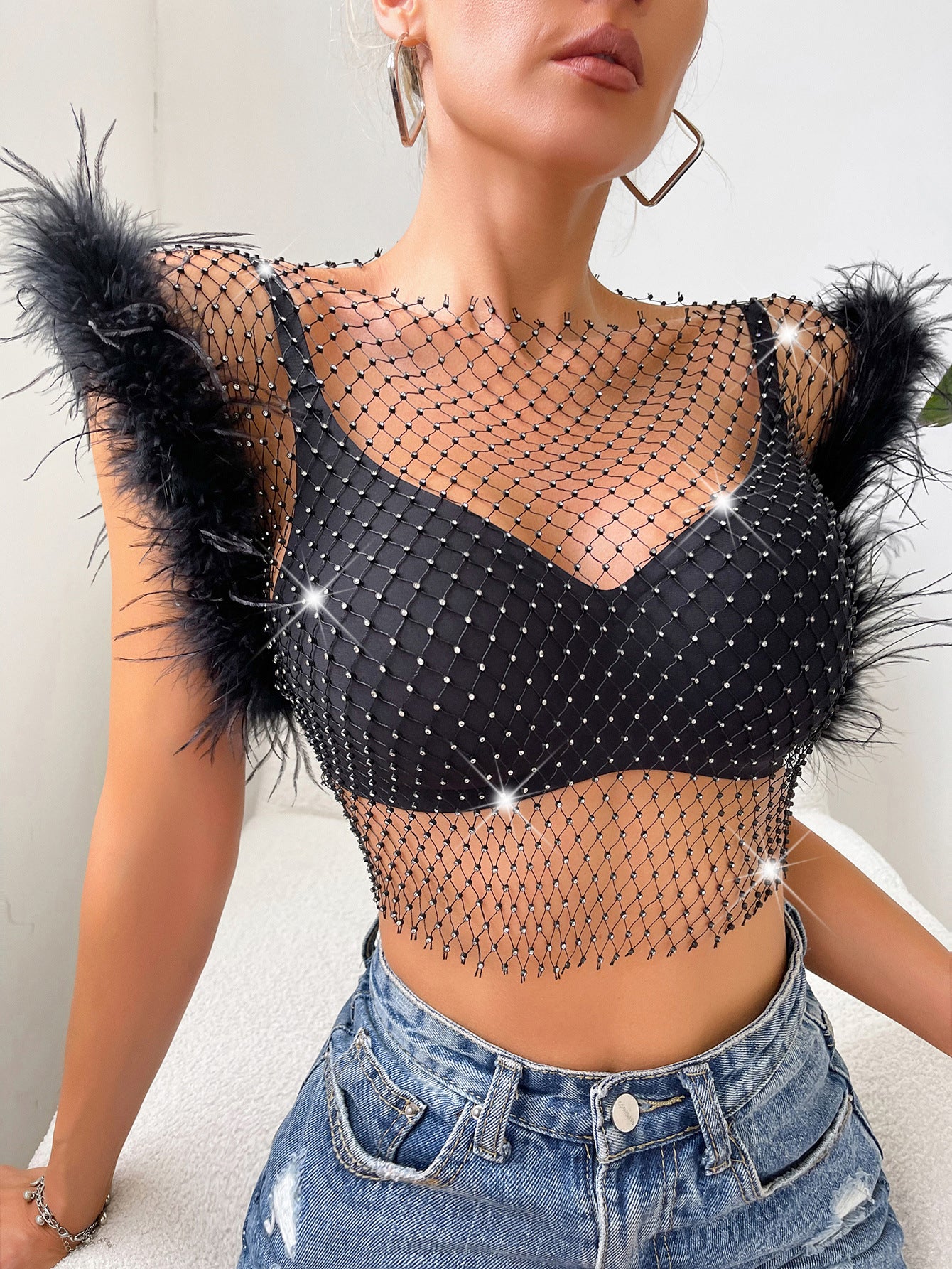 Ostrich Fur & Rhinestone Fishnet Top