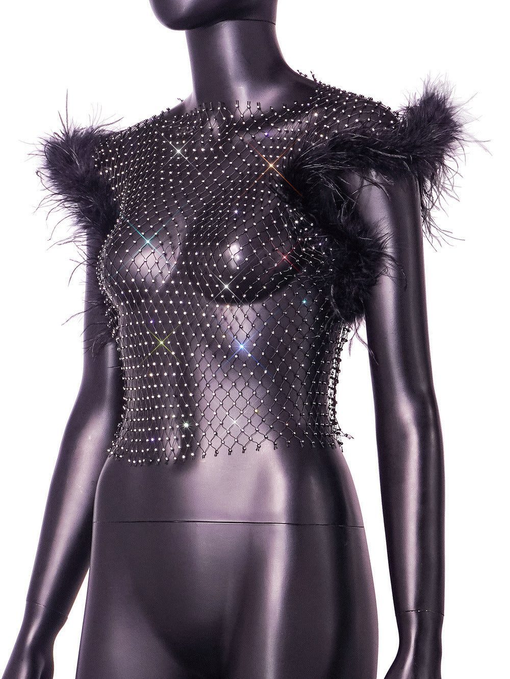 Ostrich Fur & Rhinestone Fishnet Top